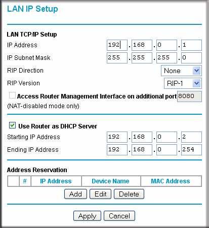 2. In the main menu, under Advanced, click LA IP Setup to display the following screen, Figure 5-3 3. Enter the TCP/IP, DHCP, or reserved IP settings. 4. Click Apply to save your changes.