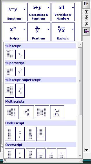 Figure 2. Clicking on the "x n Scripts" button in the MathML tool displays the Scripts palette 2.