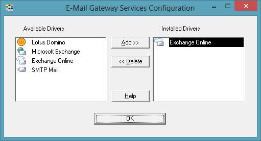 Configuring Zetafax to connect to Exchange Online 9 Add Exchange Online to the Installed Drivers list, by selecting Exchange Online in the Available Drivers list then clicking the Add button.