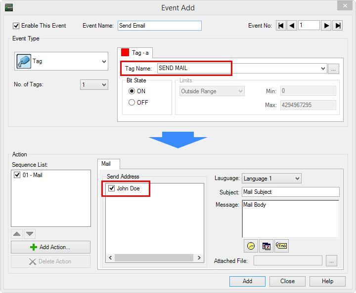 Steps to Configure Email To send an email, create an Event (Event Manager>Tag Event). Choose the Mail action.