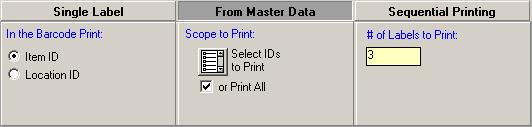 If you select From Master Data, first choose the radio button to print either item or location ID's. Then select the printing scope by clicking the list icon under Scope to Print.