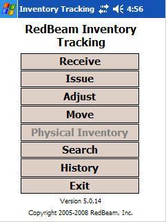 Main Menu Functions on the main menu include Receive, Move, Issue, Adjust, Physical Inventory, Search and