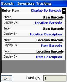 The default search option is to enter the Item Barcode and display quantities next to the Location Barcode in the grid.