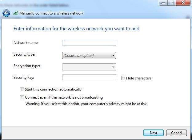 7. You will be presented with a page to enter the information for your new wireless network 8.