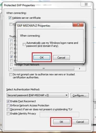 13. After you made your appropriate setting in steps 12 or 12a click OK to close the EAP