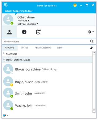 The Skype for Business Window The Skype for Business window contains information about you and your contacts. From here you can create and manage your contact list and update your status.