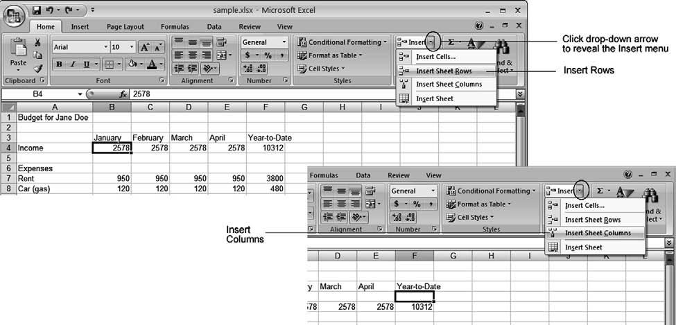 114 Computer Skills Workbook for Fluency with Information Technology, Third Edition Figure 5.20 Excel Insert Rows and Columns. Let s insert a column, and then delete it. Activate any cell in column F.