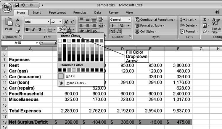 Lab 5: Spreadsheet Concepts Using Microsoft Excel 121 Figure 5.26 Excel Font Color drop-down arrow. Click one of the color swatches to change the color of the title.