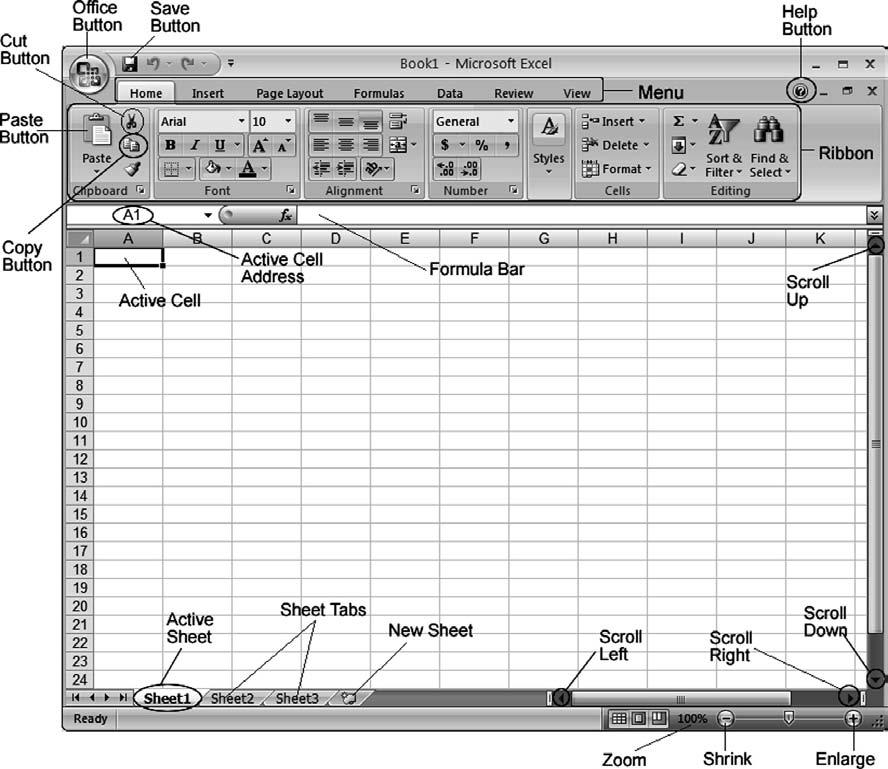 Lab 5: Spreadsheet Concepts Using Microsoft Excel 101 Figure 5.2 The Excel window. The available worksheet area is quite large. The rectangular areas are called cells.
