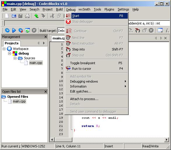 The program is started by selecting from the Debug pull-down menu, Start.