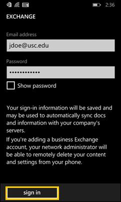 ACCESSING YOUR EMAIL 3. On the Exchange screen, enter your USC email address and the corresponding password.
