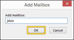 Enter the name of the organizational or resource account you want to view in Outlook in the Add mailbox: field, and then select the OK