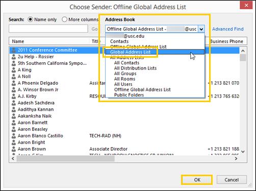 Select the From... button. The Choose Sender screen displays. 6. On the Choose Sender screen, select the Address Book drop-down menu.