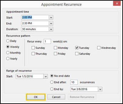 CREATING RECURRING APPOINTMENTS 5. The Appointment Recurrence window provides the ability to define the meeting's recurrence pattern. The recurrence must have a pattern.