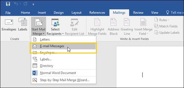 MAIL MERGE 4. Select the Start Mail Merge button, located in the Mailings toolbar. A drop-down menu displays. 5. From the drop-down menu, select an option.