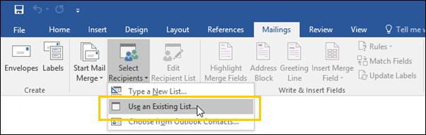 Next, select the Select Recipients button. A drop-down menu displays. 7. There are three (3) ways to select the recipients for your Mail Merge email.