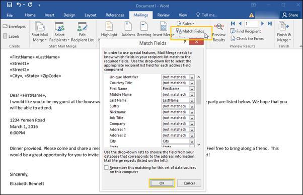 MAIL MERGE 19. Next, select the Match Fields button, located in the Write & Insert Fields area of the Word toolbar. The Match Fields screen displays. 20.