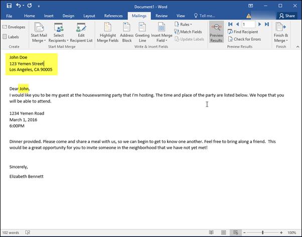 MAIL MERGE 22. Word displays a preview of how the Mail Merged documents will appear.