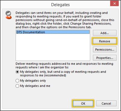 DELEGATE ACCESS 3. Select Delegate Access from the drop-down menu. The Delegates screen displays. 4. Highlight the name of the delegate you want to remove. 5. Select the Remove button.