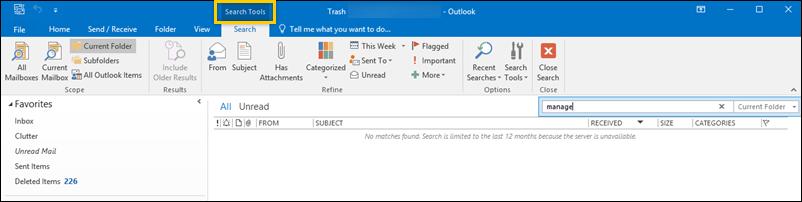 Select the Trash folder located in the menu on the left side of the screen. A contextual search field (i.e., a field that will search the specific folder you selected) displays.