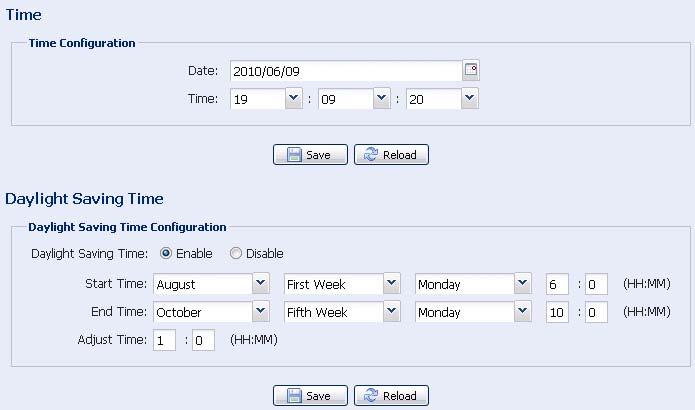 4.4.2 Time Set daylight saving time and the current time, and click Save to confirm. Function Description Time Configuration Date Set the current date.