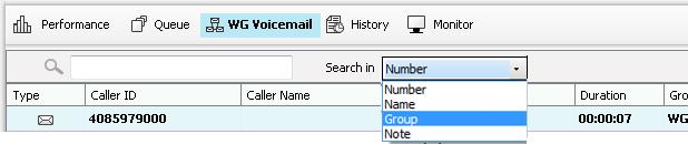 Searching in Tabbed Windows Searching is available in these tabs: History and WG Voicemail. In the History tab, you can search by the columns Number, Name, DNS/ URI, Group, and Note.