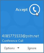 Answering Calls To answer a call, click Accept in the Lync/Skype for Business client pop-up. Click Accept to answer a call To end the call, click the Hangup button on the toolbar.