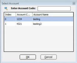 2. If a list opens, select an account code and click OK. If a list does not open, type a code in the field and click OK.