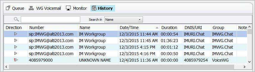 Viewing the History Click the History tab to view data about handled workgroup calls and chat sessions. (Personal calls are not recorded in the History tab.