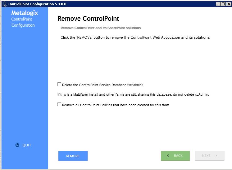 2 When the System Check has been completed successfully, click [NEXT] to display the Remove ControlPoint dialog.