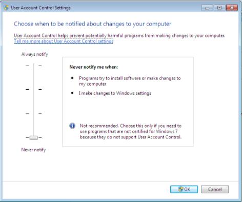 Click Change User Account Control settings to adjust these settings.