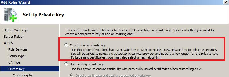 Then Select the default options for Cryptography, CA Name,Validity Period, and Certificate Database