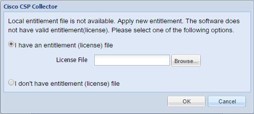 You will not be able to login to the CSPC GUI until this step is performed. This message will appear: Browse to your.zip entitlement file and then click OK.