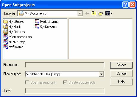 The Sub-projects dialog box appears. In addition to using this dialog box to insert and delete sub-projects, you can display a list of all sub-projects that are currently part of the master project.