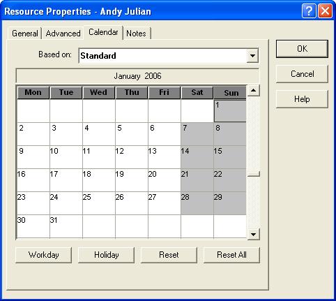 Resource Properties Working with Resource Properties Using the Calendar Tab Each resource has a unique calendar.