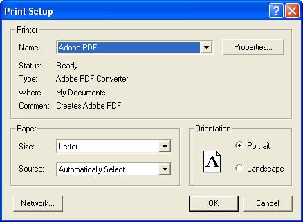 Getting Started Printing Setting Up a Printer To set up your printer: 1 From the File menu, choose Print Setup. The Print Setup dialog box appears.