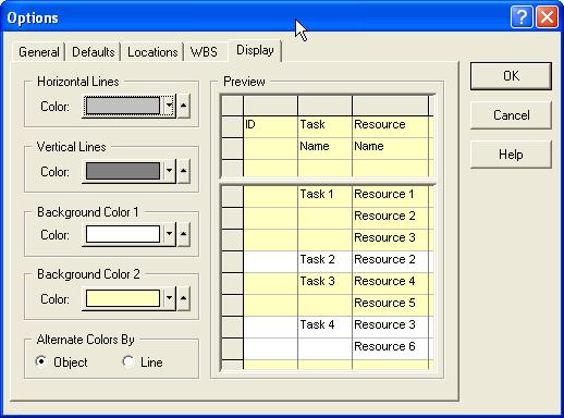 Program Preferences Defining Program Defaults Using the Display Tab Use the Display tab of the Options dialog box to change the display colors of horizontal and vertical separation lines, and the