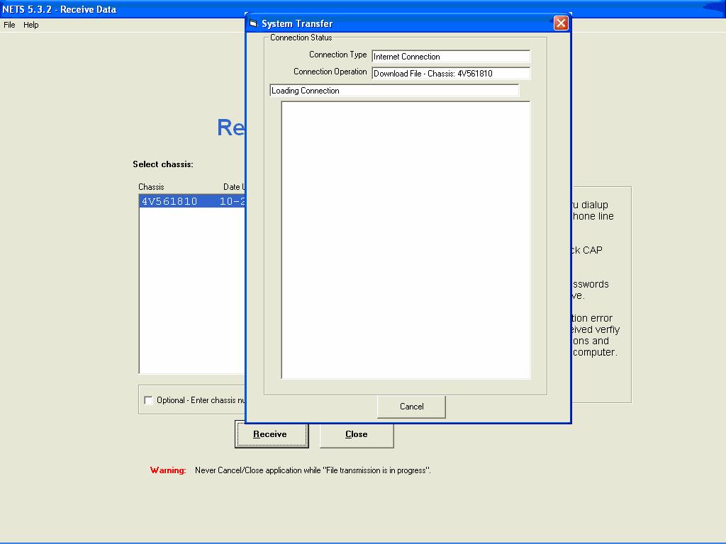Step Action Table to perform the RECEIVE operation 1. Click on the Receive button at the main NETS window to start the RECEIVE process. 2.