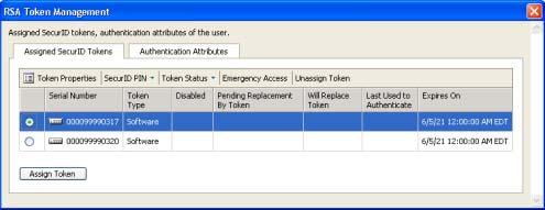 From RSA Token Management, click the Assigned SecurID Tokens tab to view assigned tokens and