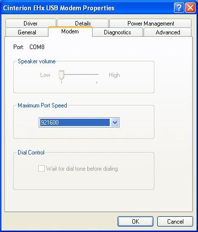 Step 9: Right click the Cinterion EHx USB Modem on the Device Manager and select Properties. Click the Modem tab to display the selected COM port as well as the maximum port speed.