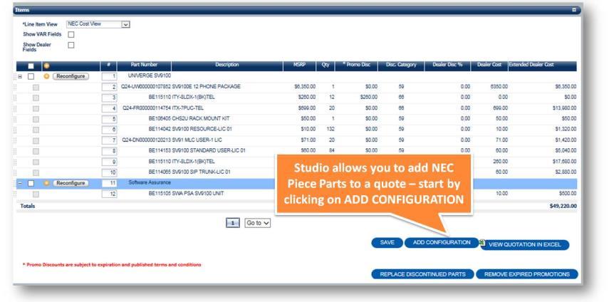 ADD NEC PIECE PARTS Studio allows you to add NEC piece parts to a quote transaction.