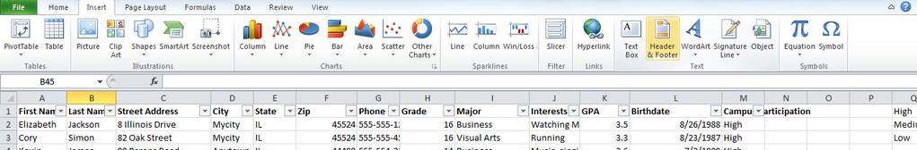 To add a header and/or footer to your spreadsheet, go to the Insert tab and click Header & Footer. 2.