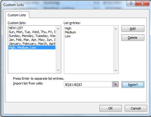 e. In the Custom Lists dialog box, click