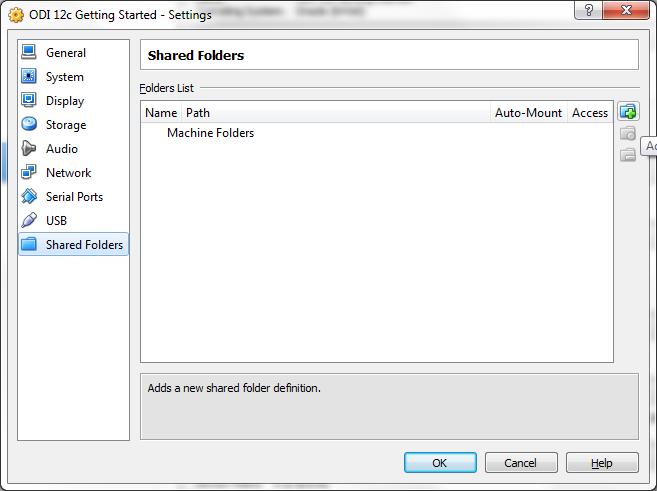 Use of shared folders begins with defining a locally available directory on your computer (host) and one on the VirtualBox appliance, along with a share name.