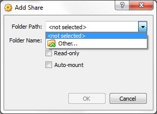 Figure 13 Shared Folder Options In this example, the following values are used: Folder Path: C:\ODIshared Folder Name: ODIshared Auto-mount: checked Figure 14 Using ODIshared as the local folder and