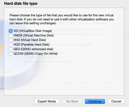 When the Hard disk file type pops up, choose the VDI option for the