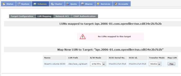 18. Click on the Add button to create a new iscsi target. Once you have created your iscsi target click on the LUN Mapping tab. 19.