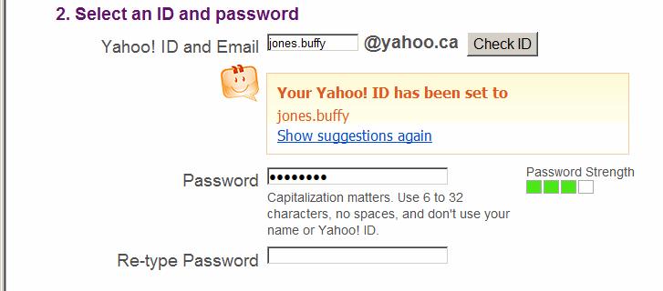 In the example, I tried to pick the address osadog@yahoo.com. Yahoo! told me this address is not available and suggested a few addresses that were available.