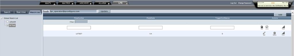 LPR WATCH LIST TAB: Operators can create custom watch lists of plates that once detected can trigger flags on the LPR Real Time page and are indicated on the LPR Search page. 1.