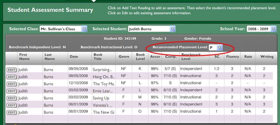 Set Recommended Placement Level A recommended placement level can be chosen for the student in the Recommended Placement Level dropdown list on the Student Assessment Summary screen: Click on the